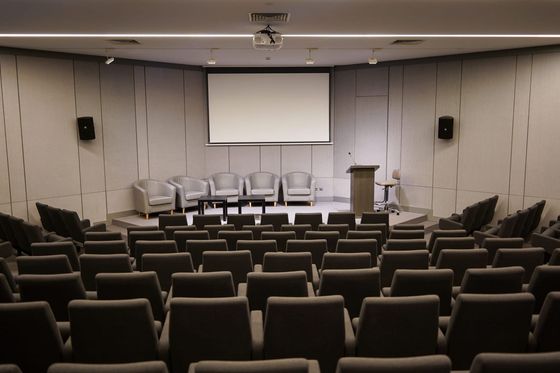 Leerer Konferenzsaal mit Stuhlreihen, Leinwand, Rednerpult und Sesseln auf der Bühne